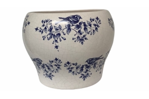 VASO CERÂMICA BRANCO E AZUL PÁSSAROS P